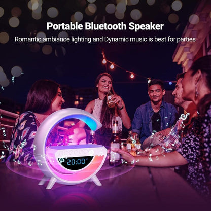 Portable Bluetooth speaker with romantic ambiance lighting in a social setting