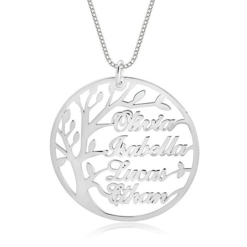 Silver necklace with a circular pendant featuring engraved names on a white background