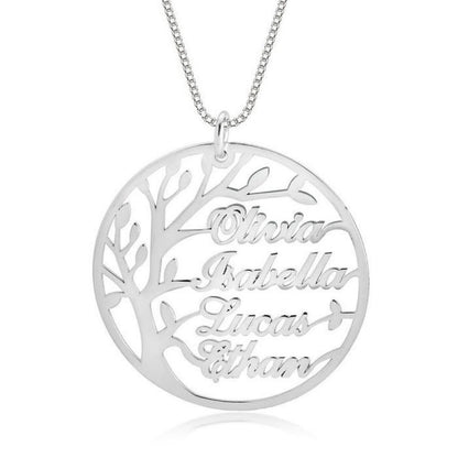 Silver necklace with a circular pendant featuring engraved names on a white background