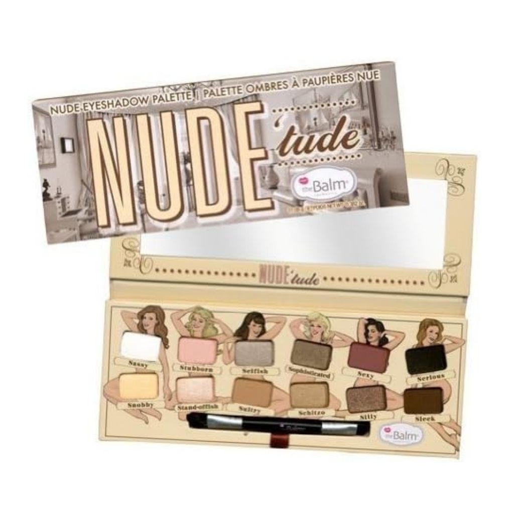 Nude eyeshadow palette with 'theBalm' branding on a white background