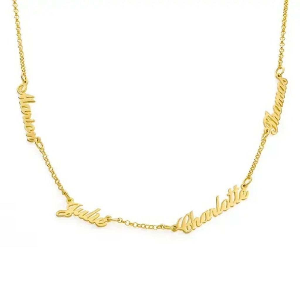 Gold necklace with name charms on a white background