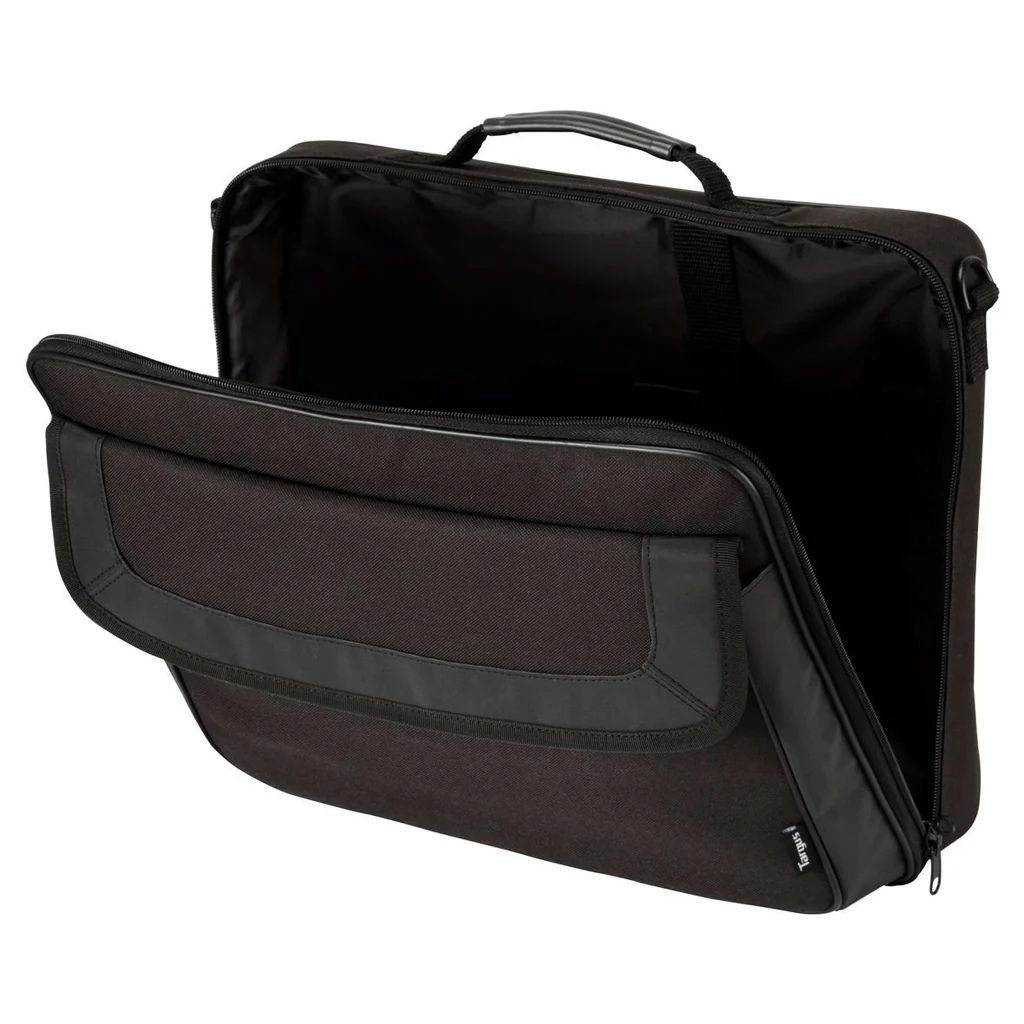 Black travel bag with open compartment on a white background