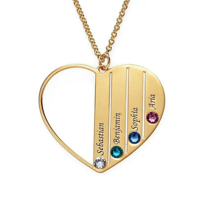 Vertical Design Engraved Names Heart Necklace With Birthstones