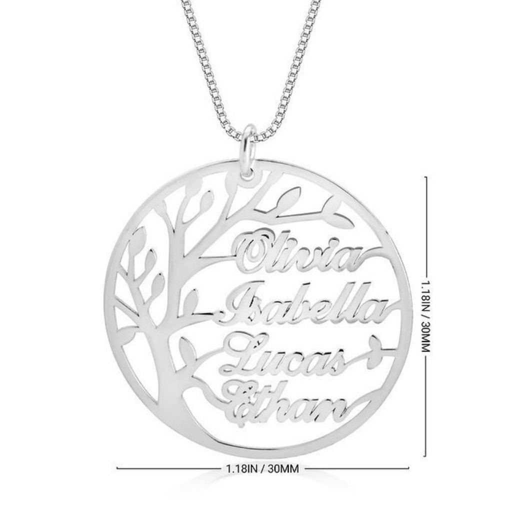 Silver necklace with cut-out names on a white background