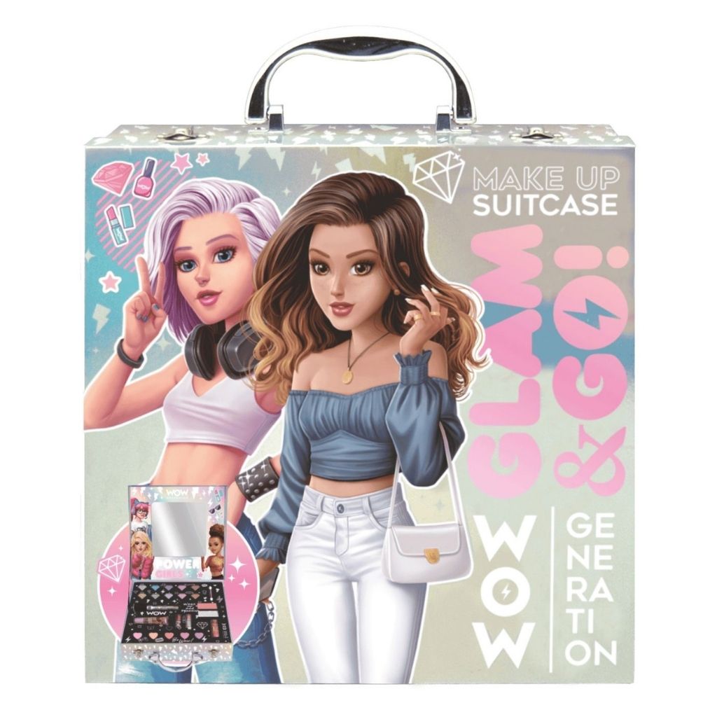 Makeup suitcase packaging with two dolls and makeup items on a white background