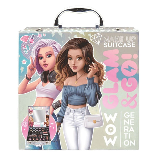 Makeup suitcase packaging with two dolls and makeup items on a white background