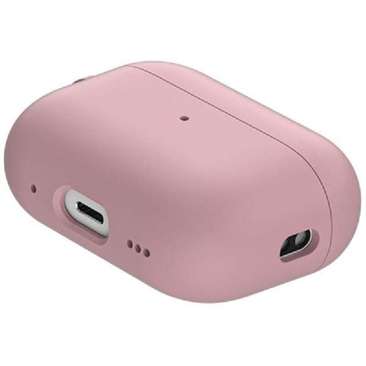 Pink wireless earbud case with charging port on a white background