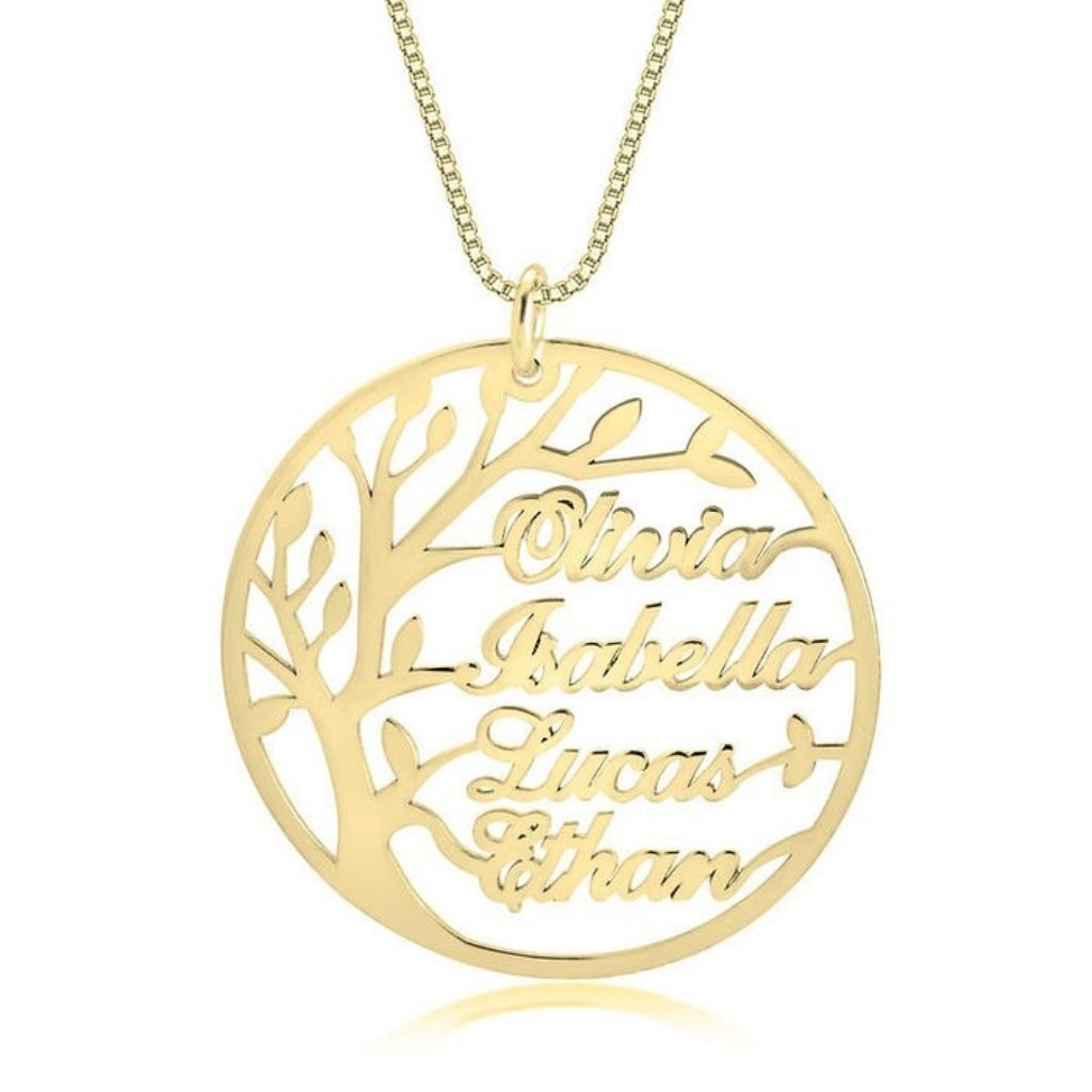 Gold tree-shaped pendant with engraved names on a white background