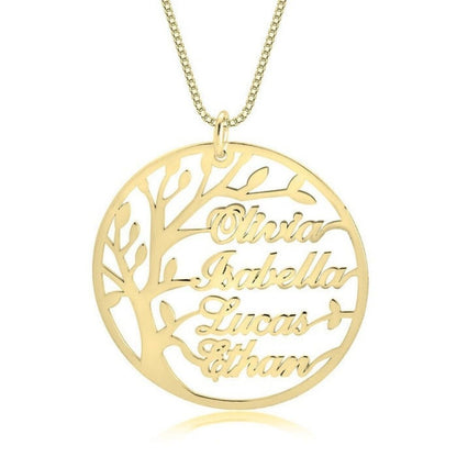 Gold tree-shaped pendant with engraved names on a white background