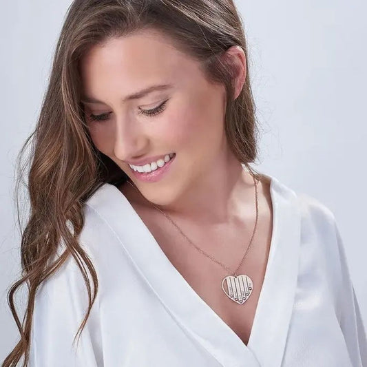 Vertical Design Engraved Names Heart Necklace With Birthstones