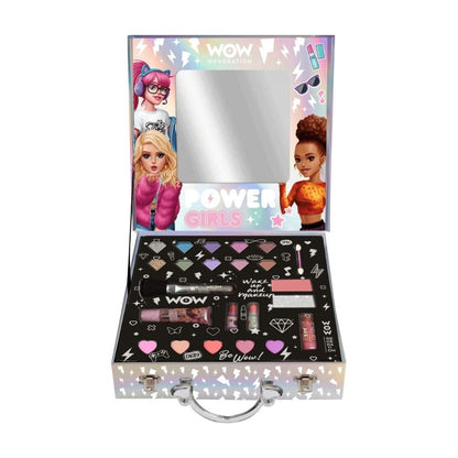 Makeup set with mirror and toys in a 'WOW Girls' branded case on a white background