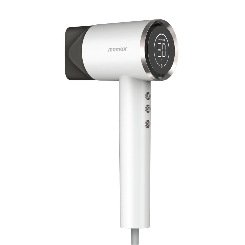 White hair dryer with black accents on a white background