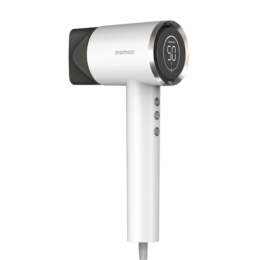 White hair dryer with black accents on a white background