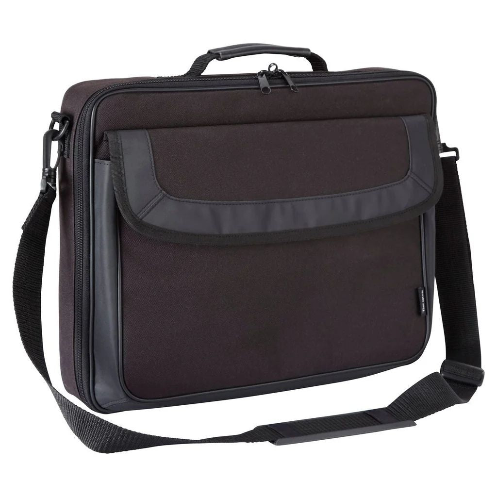 Black and gray laptop bag with a shoulder strap on a white background