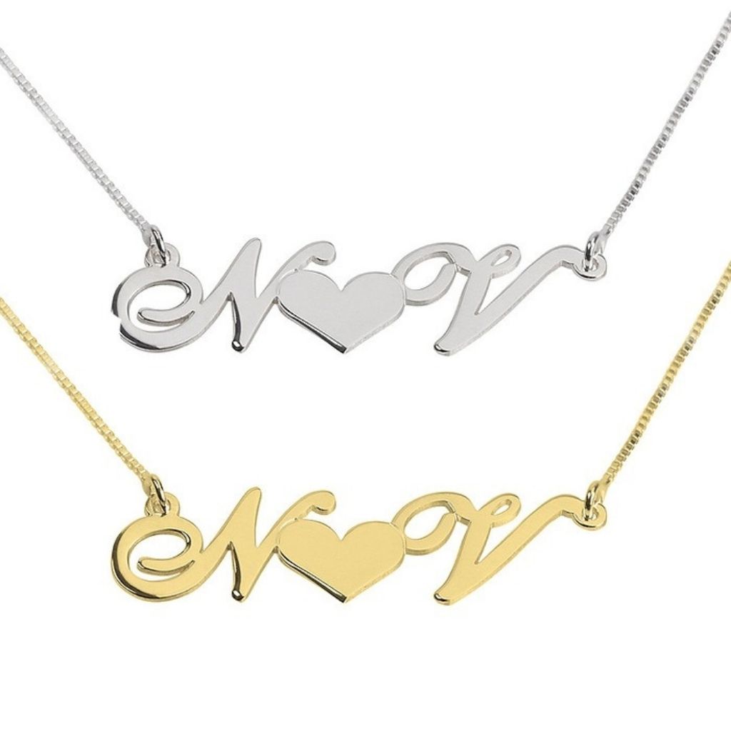 Two gold necklaces with 'Mom' and heart design on a white background