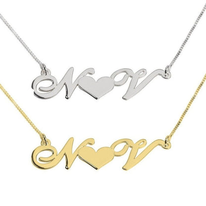 Two gold necklaces with 'Mom' and heart design on a white background