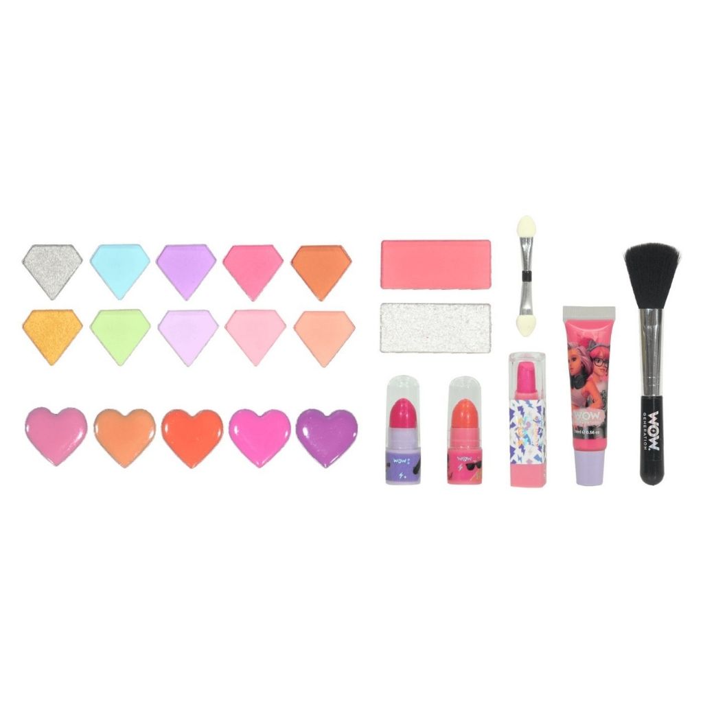 Collection of makeup items including brushes, lip products, and color swatches on a white background