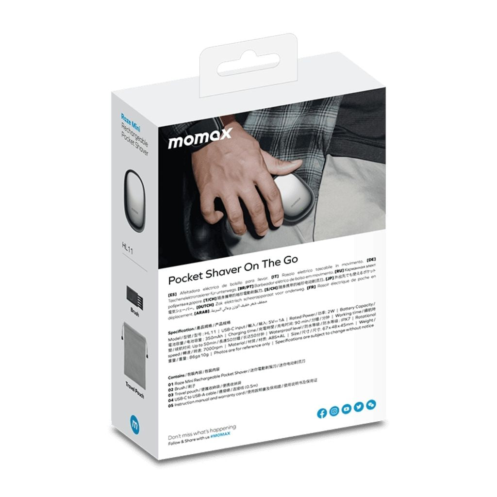 Momax pocket shaver packaging on a white background