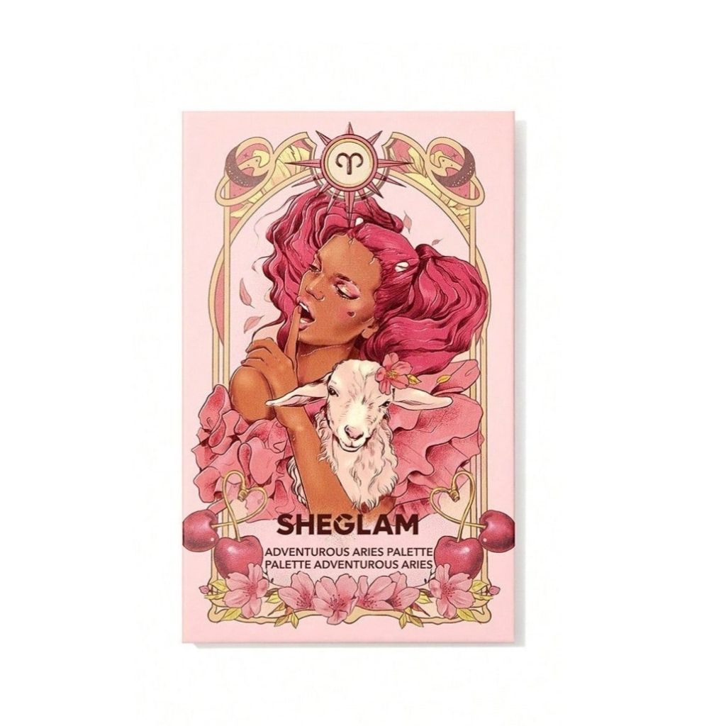 Sheglam makeup palette packaging with a design of a woman holding a lamb and Aries zodiac symbol on a pink background.