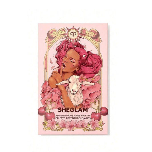 Sheglam makeup palette packaging with a design of a woman holding a lamb and Aries zodiac symbol on a pink background.