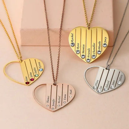 Vertical Design Engraved Names Heart Necklace With Birthstones