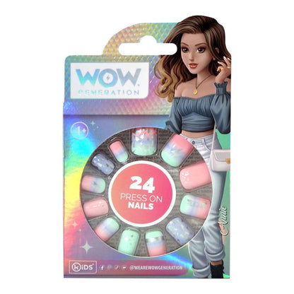 Packaging of WOW Generation press-on nails with a cartoon girl on a white background