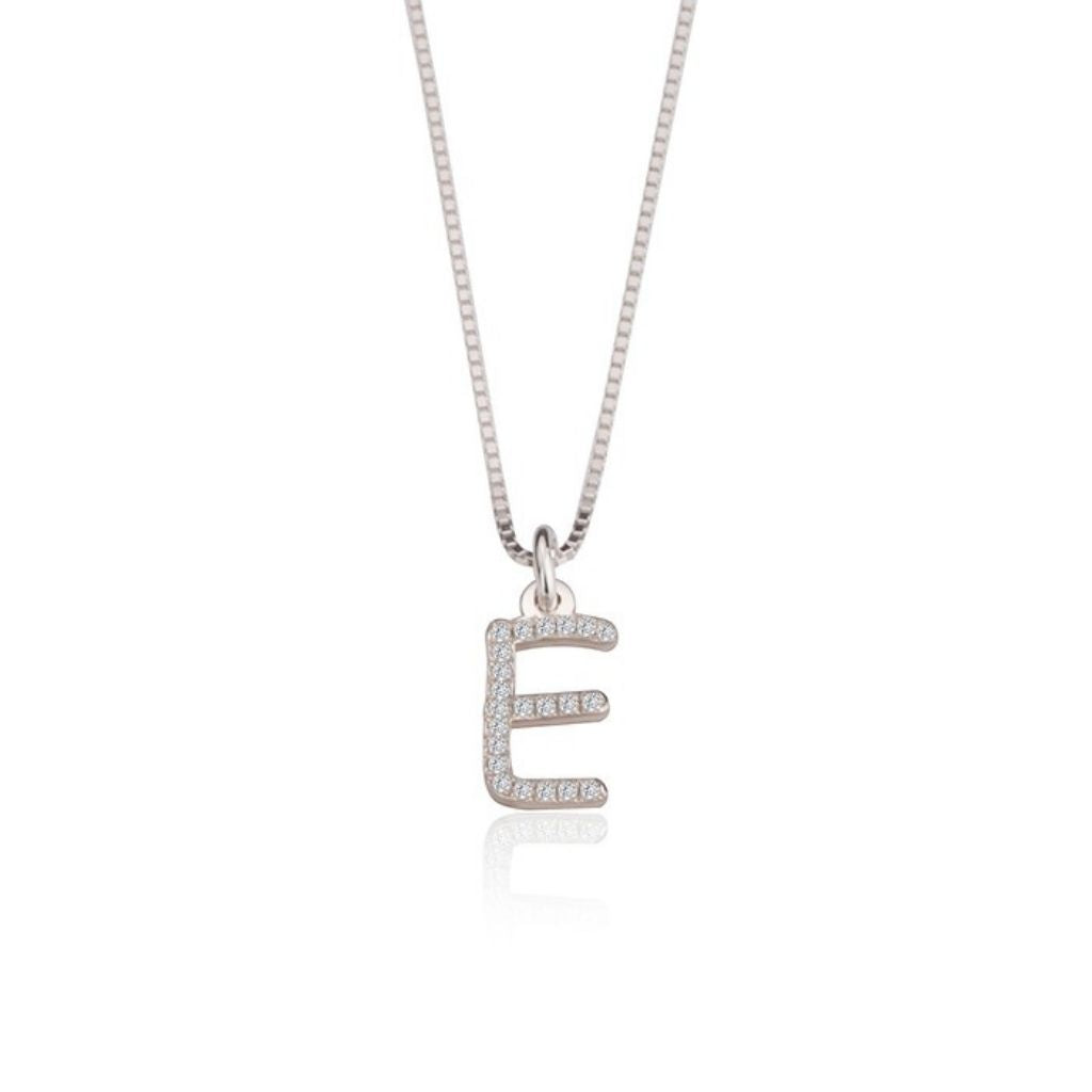Silver necklace with 'E' pendant on a white background