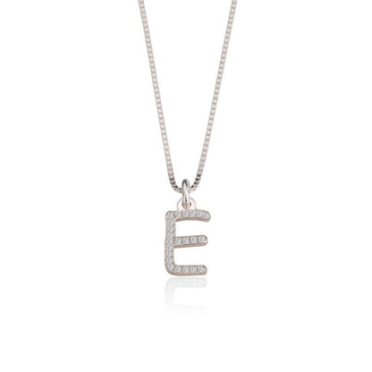 Silver necklace with 'E' pendant on a white background