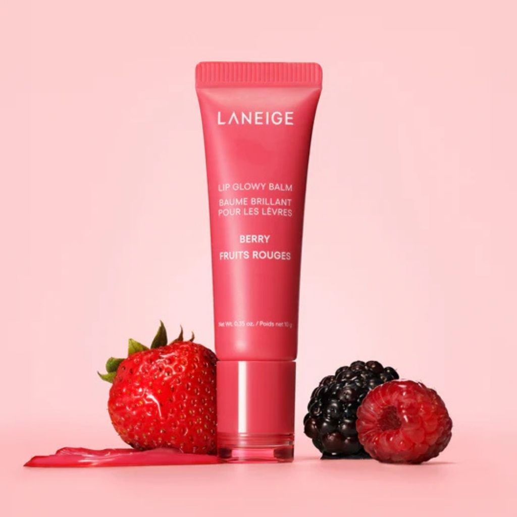 Laneige lip balm tube with berries on a pink background