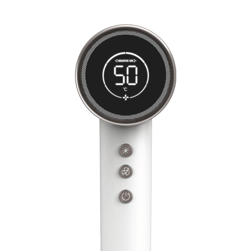 White handheld device with digital display and control buttons on a white background