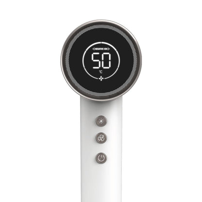 White handheld device with digital display and control buttons on a white background