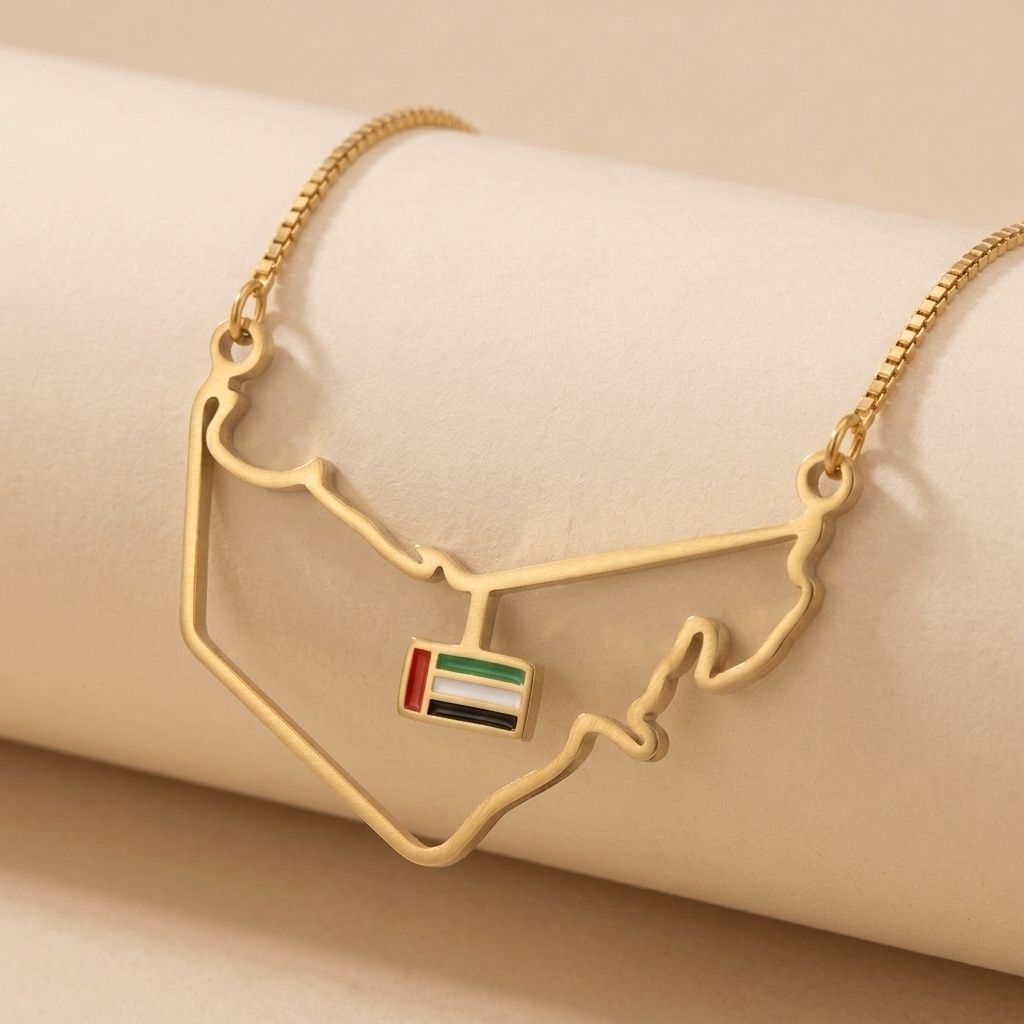 UAE Map Outline Necklace with Hanging Flag Charm