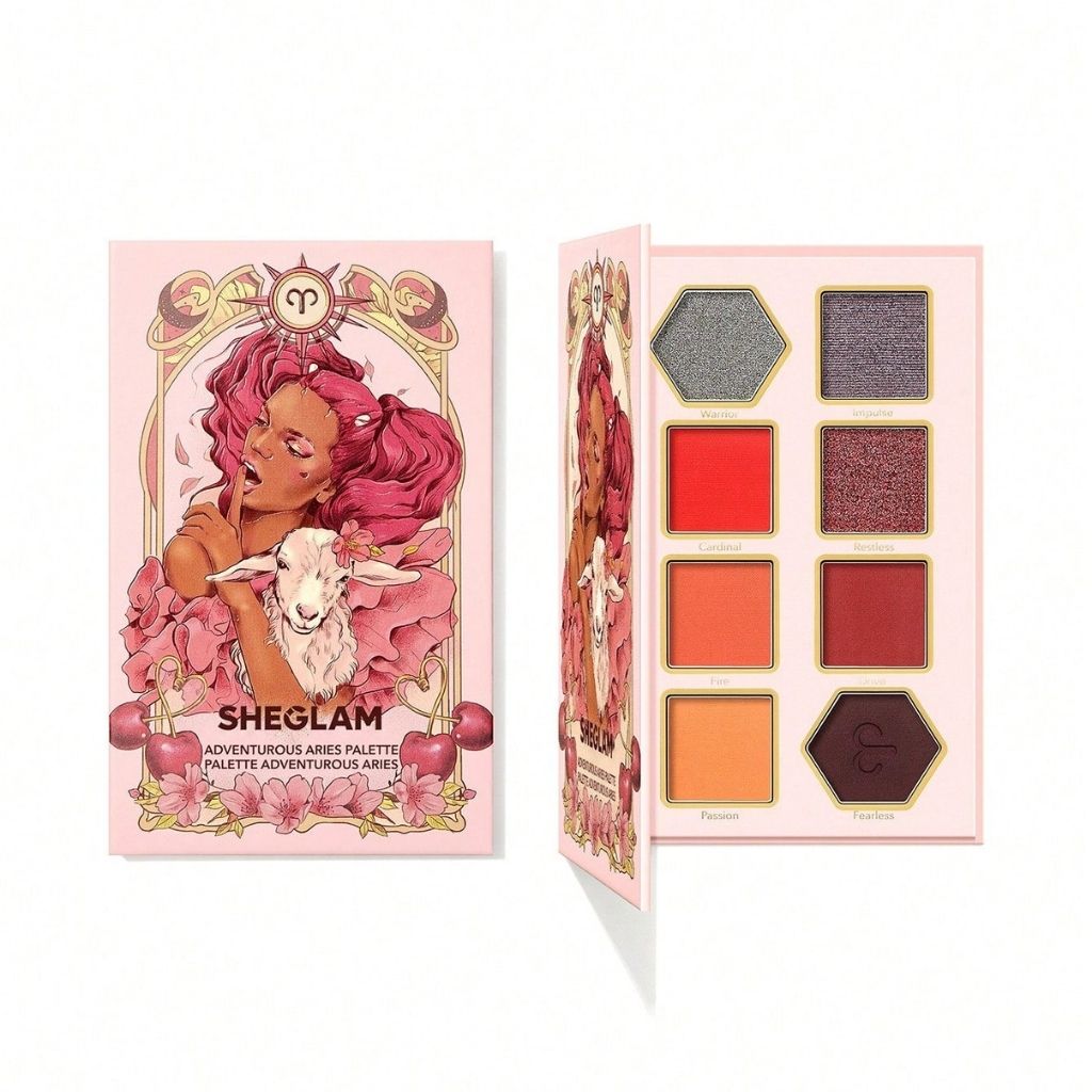 Sheglam Adventurous Aries makeup palette with illustrated packaging on a white background