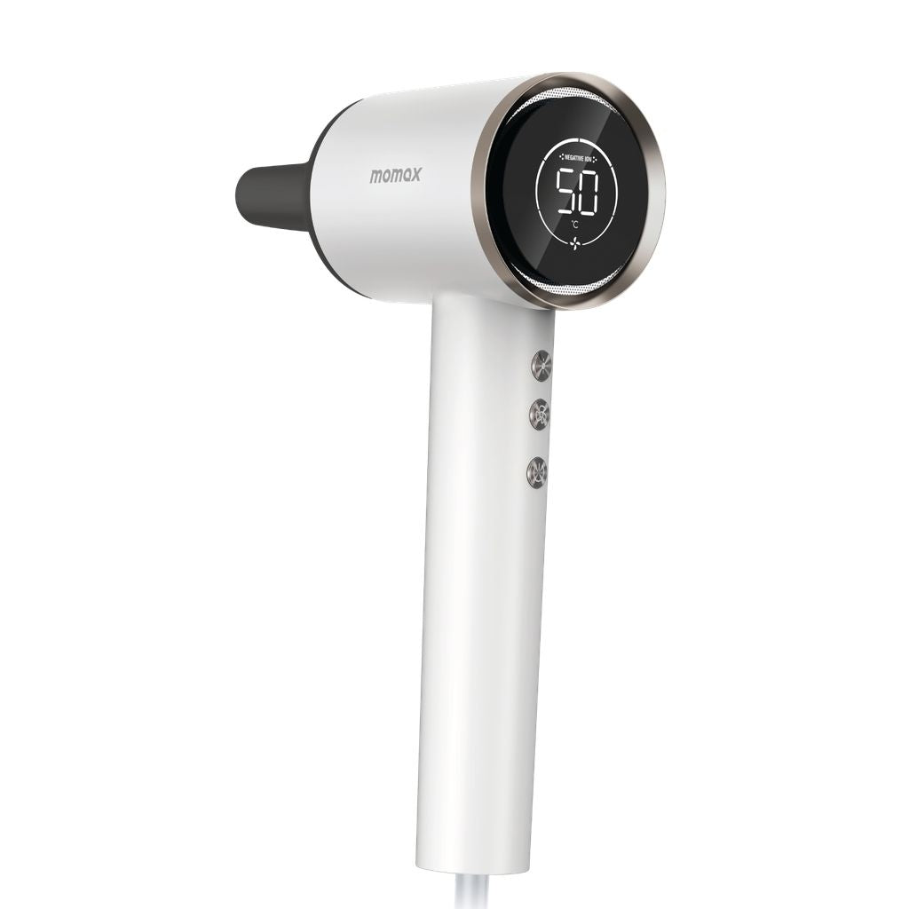 White hair dryer with digital display on a white background