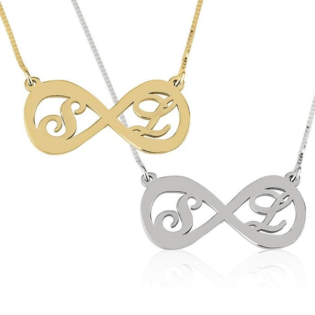 Two infinity-shaped necklaces with 'S' and 'L' initials on a white background.