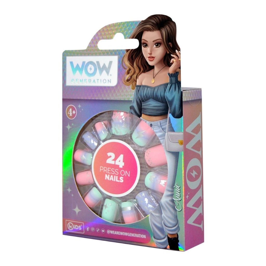 Packaging of 'WOW! Generation' press-on nails with a doll illustration on a white background