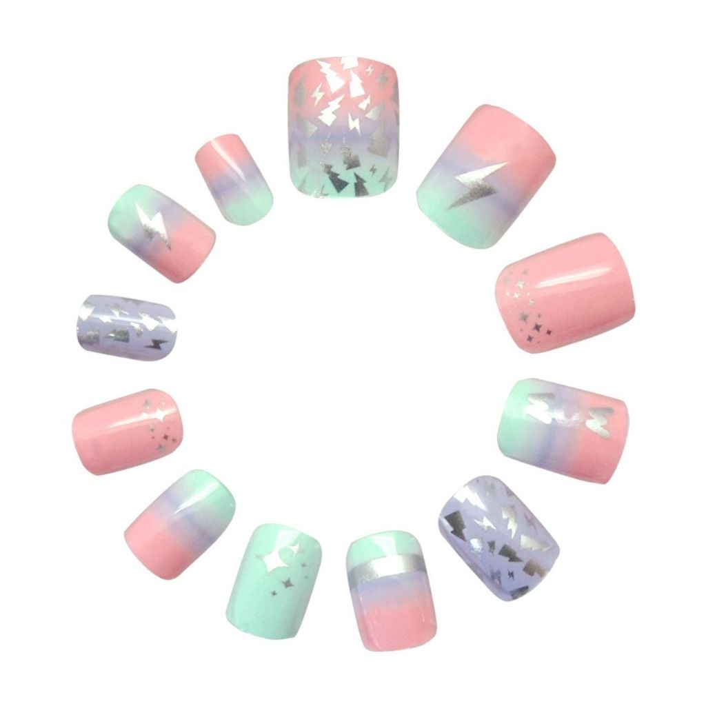 Set of pastel-colored nail art designs on a white background