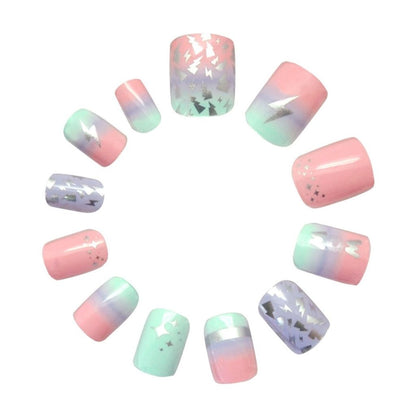 Set of pastel-colored nail art designs on a white background