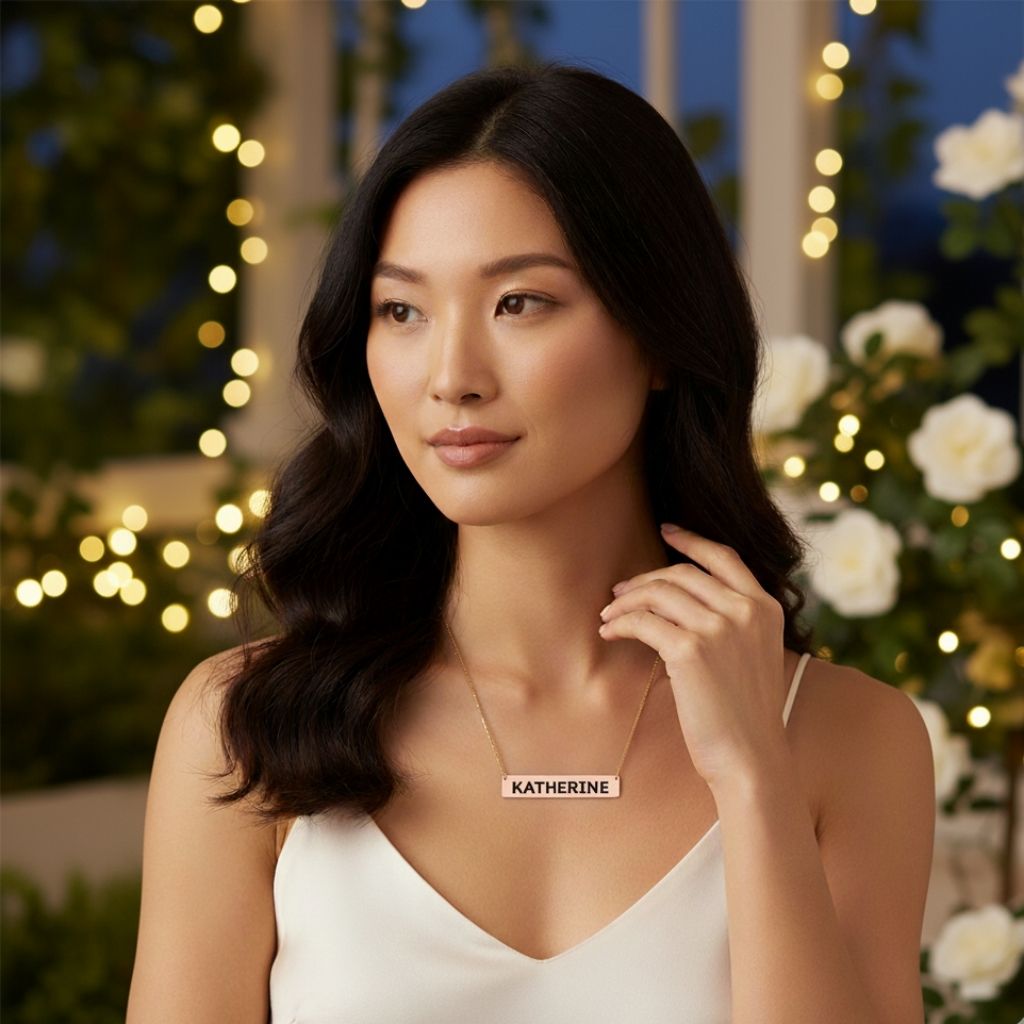 Woman wearing a necklace with 'KATHERINE' on it, standing in a festive outdoor setting with lights and flowers.