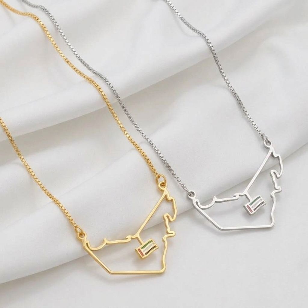 UAE Map Outline Necklace with Hanging Flag Charm