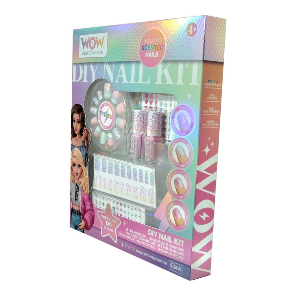 Boxed DIY nail kit with colorful packaging on a white background