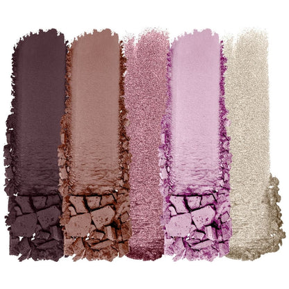 Set of five different eyeshadow swatches in various shades on a white background