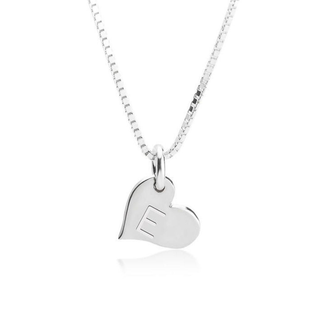 Silver heart-shaped pendant with a letter 'E' on a white background
