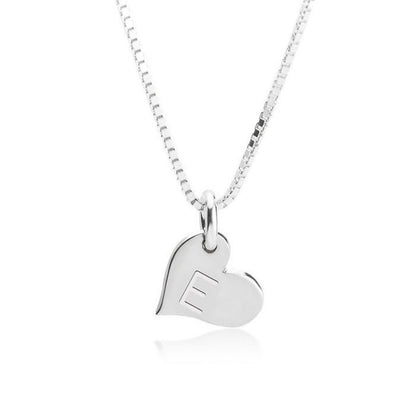 Silver heart-shaped pendant with a letter 'E' on a white background