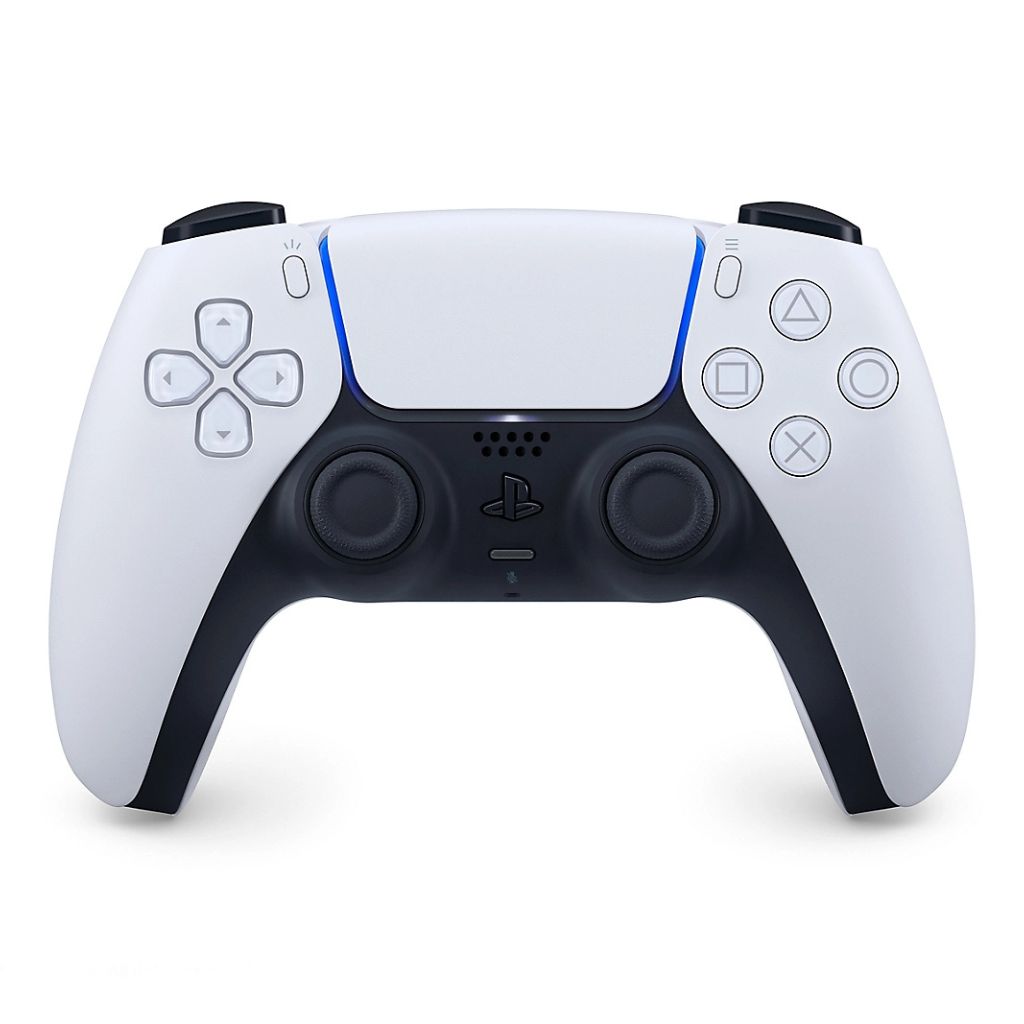 White gaming controller with black accents on a white background