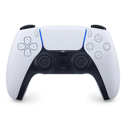 White gaming controller with black accents on a white background
