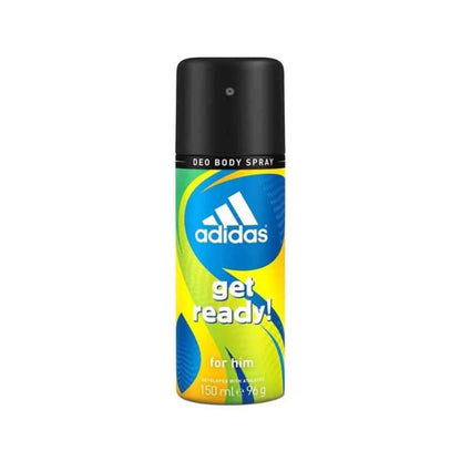 Adidas deodorant spray bottle with colorful label on a white background