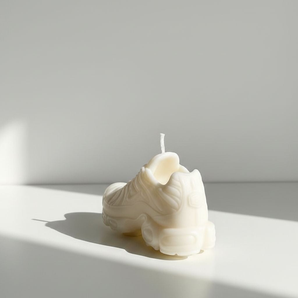 White candle shaped like a seashell on a white surface with a light gray background