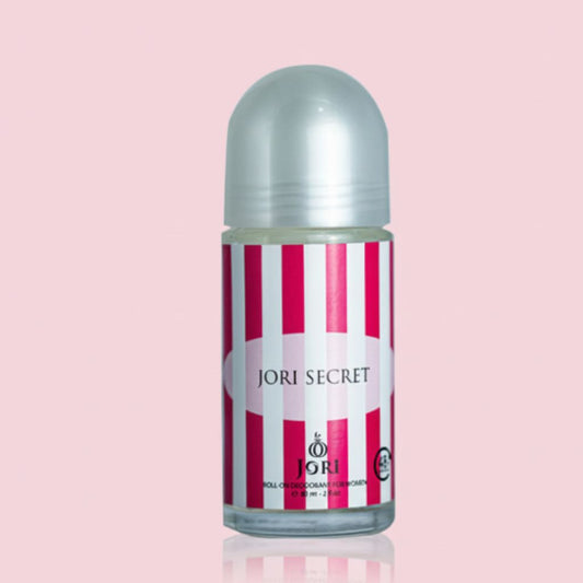 Roll-on perfume bottle with striped design on a pink background