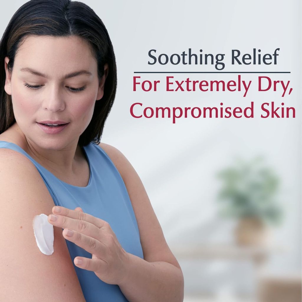 Woman applying cream to her arm with text 'Soothing Relief For Extremely Dry, Compromised Skin' on a blurred indoor background.